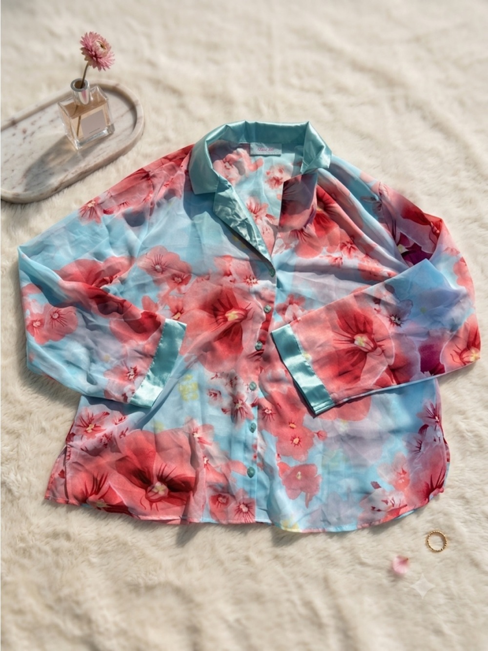 La Vie en Rose Mesh PJ Top – Size XL | Sheer Floral | Satin Trim Cherry Blossom